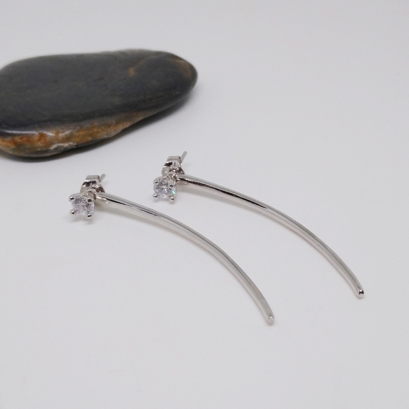 CZ Curve Bar Dangle Earrings | 925 Sterling Silver - Picture 7 of 8